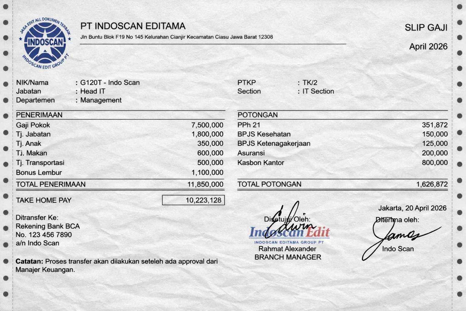 Contoh hasil finishing slip gaji real foto pertama
